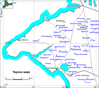 Карта еврейских населенных пунктов северо-западного Крыма