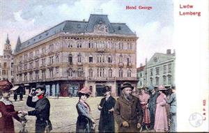Отель "Жорж". На переднем плане справа еврей, кочующий по разным открыткам