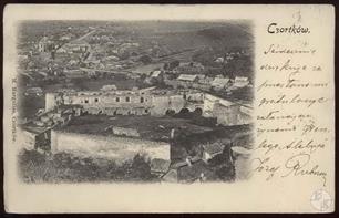 Polish postcard with panorama of Chortkiv, printed by a Jew named Margulies