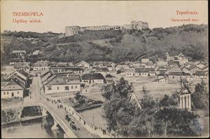 Polish postcard with a panorama of the castle, the synagogue is visible to the right