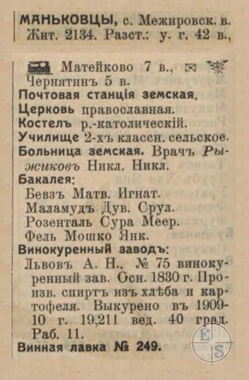 Маньковцы в справочнике "Весь Юго-Западный край", 1913
