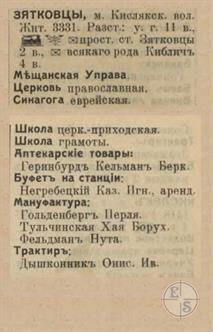 Зятковцы в справочнике "Весь Юго-Западный край", 1913