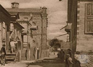 Kovel, 1916. A fragment of the Austrian postcard. Yudengasse Street, Synagogue is visible on the left