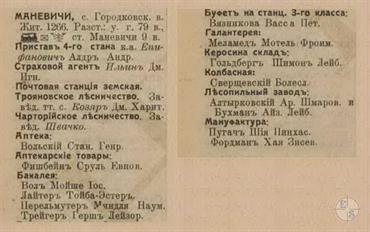 Manevychi in the 1913 directory. It can be seen that almost all shops in the village belonged to Jews