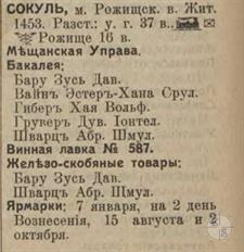 Sokil in the 1913 directory. It can be seen that all shops in the township belonged to Jews