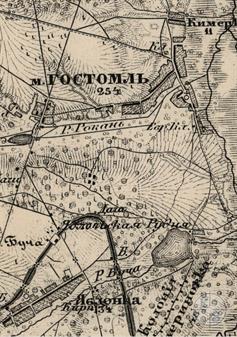 Гостомель на карте 1900 года, на юге местечка видно еврейское кладбище